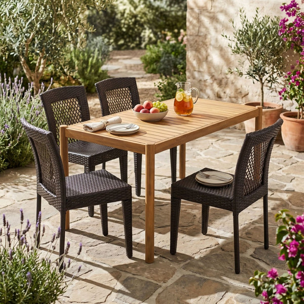 English Elm 5-piece Outdoor Dining Set Solid Acacia Wood Table with Pe Rattan Iron Chairs N779P210771L_N779P433231B-2