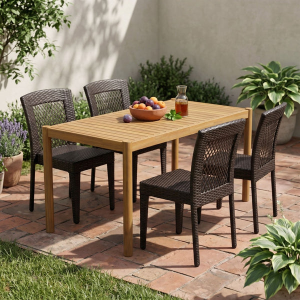 English Elm 5-piece Outdoor Dining Set Solid Acacia Wood Table with Pe Rattan Iron Chairs N779P210771L_N779P433231B-2