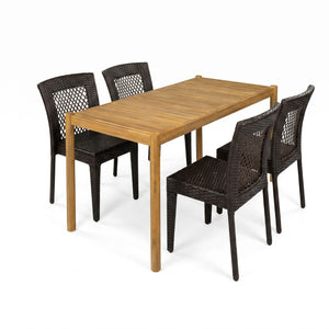 English Elm 5-piece Outdoor Dining Set Solid Acacia Wood Table with Pe Rattan Iron Chairs N779P210771L_N779P433231B-2