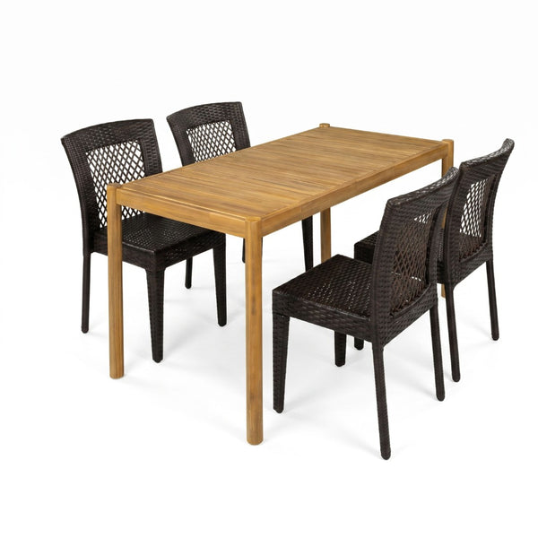 English Elm 5-piece Outdoor Dining Set Solid Acacia Wood Table with Pe Rattan Iron Chairs N779P210771L_N779P433231B-2