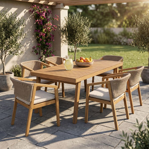 English Elm 7-piece Outdoor Acacia Wood Patio Dining Set Seats Six with Rope Chairs and Cushions N779P234500B_N779P210772L-3
