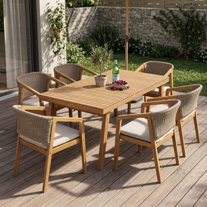 English Elm 7-piece Outdoor Acacia Wood Patio Dining Set Seats Six with Rope Chairs and Cushions N779P234500B_N779P210772L-3