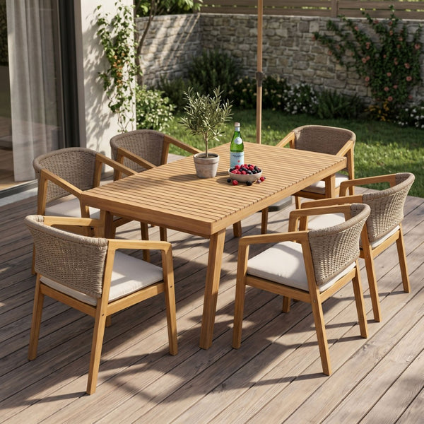 English Elm 7-piece Outdoor Acacia Wood Patio Dining Set Seats Six with Rope Chairs and Cushions N779P234500B_N779P210772L-3