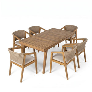 English Elm 7-piece Outdoor Acacia Wood Patio Dining Set Seats Six with Rope Chairs and Cushions N779P234500B_N779P210772L-3