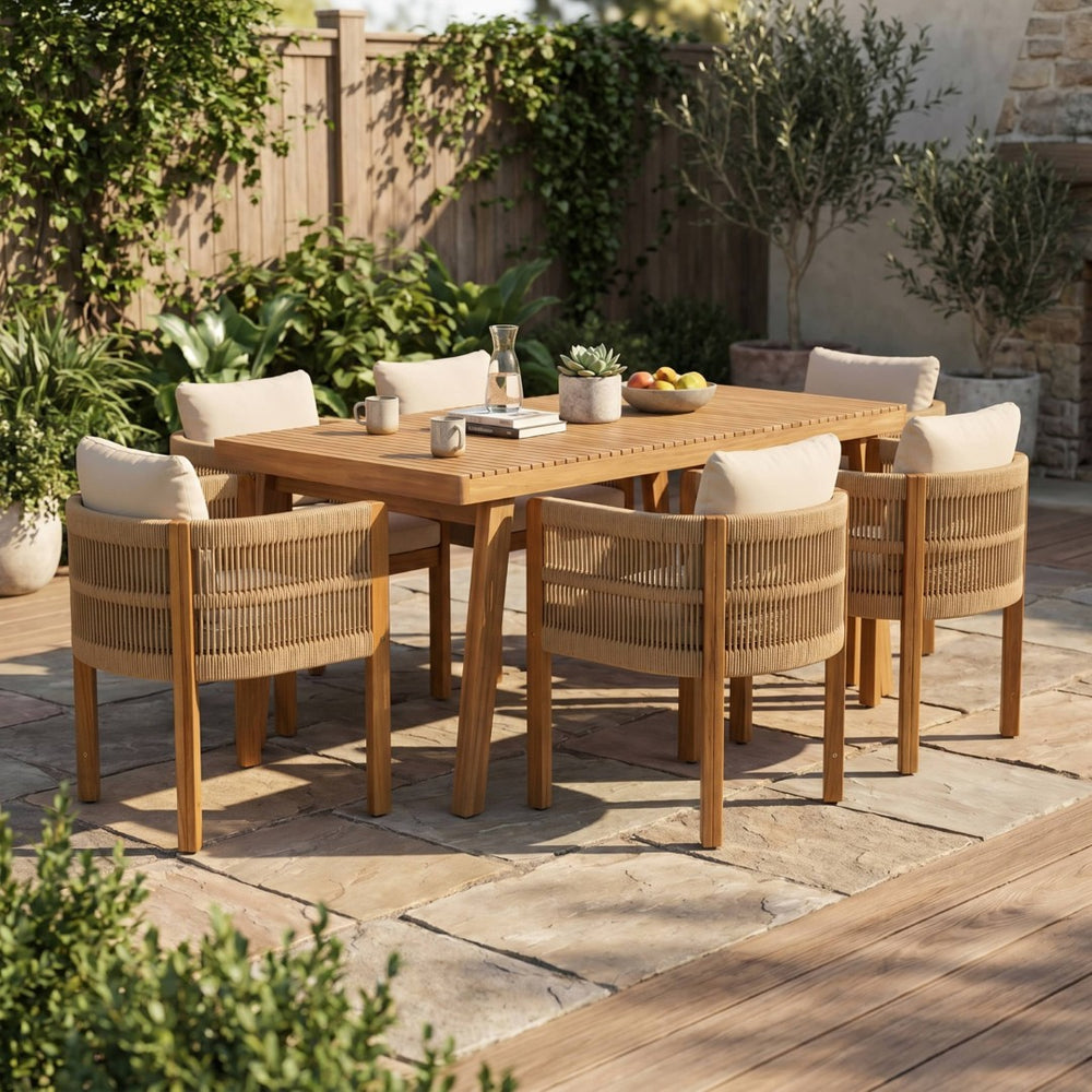 English Elm 7-piece Outdoor Dining Set Solid Acacia Wood Table Six Rope Woven Patio Chairs N779P234500B_N779P279983B-3