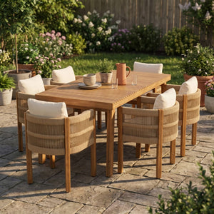 English Elm 7-piece Outdoor Dining Set Solid Acacia Wood Table Six Rope Woven Patio Chairs N779P234500B_N779P279983B-3