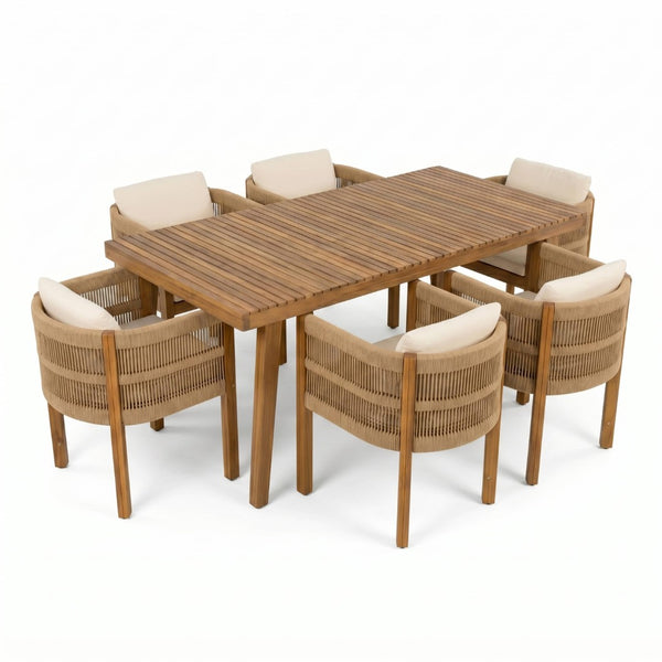 English Elm 7-piece Outdoor Dining Set Solid Acacia Wood Table Six Rope Woven Patio Chairs N779P234500B_N779P279983B-3