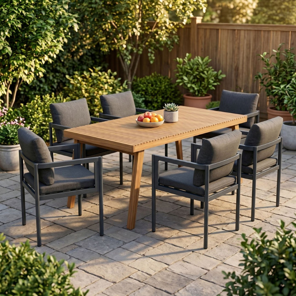 English Elm 7-piece Outdoor Acacia Wood Patio Dining Set Seats Six with Cushioned Aluminum Armchairs N779P234500B_N779P369116G-3