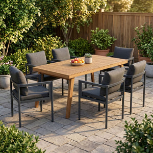 English Elm 7-piece Outdoor Acacia Wood Patio Dining Set Seats Six with Cushioned Aluminum Armchairs N779P234500B_N779P369116G-3