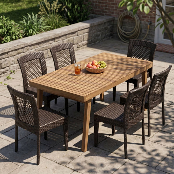 English Elm 7-piece Outdoor Acacia Hardwood Dining Set with Six Iron Pe Rattan Woven Chairs N779P234500B_N779P433231B-3
