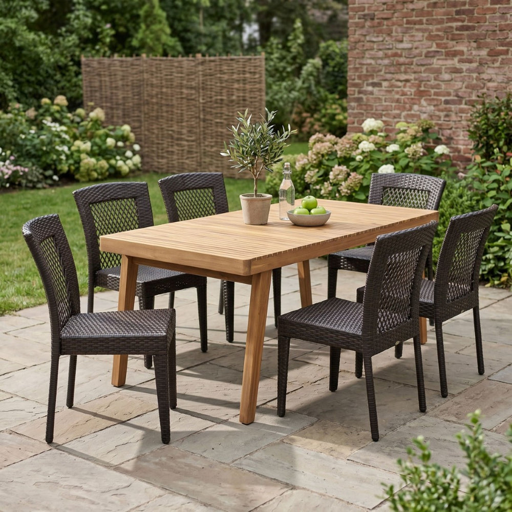 English Elm 7-piece Outdoor Acacia Hardwood Dining Set with Six Iron Pe Rattan Woven Chairs N779P234500B_N779P433231B-3