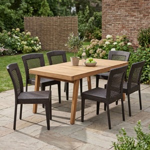 English Elm 7-piece Outdoor Acacia Hardwood Dining Set with Six Iron Pe Rattan Woven Chairs N779P234500B_N779P433231B-3