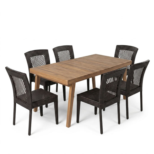 English Elm 7-piece Outdoor Acacia Hardwood Dining Set with Six Iron Pe Rattan Woven Chairs N779P234500B_N779P433231B-3
