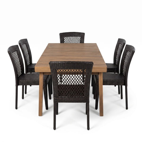 English Elm 7-piece Outdoor Acacia Hardwood Dining Set with Six Iron Pe Rattan Woven Chairs N779P234500B_N779P433231B-3