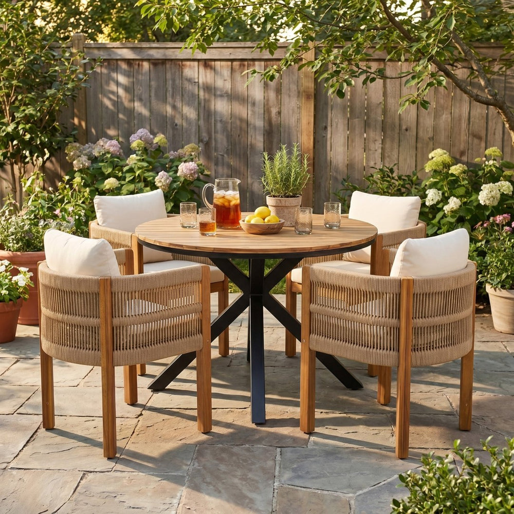 English Elm 5-piece Outdoor Dining Set Acacia Wood Round Table with Rope Wrapped Patio Chairs N779P251402T_N779P279983B-2