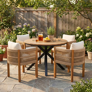 English Elm 5-piece Outdoor Dining Set Acacia Wood Round Table with Rope Wrapped Patio Chairs N779P251402T_N779P279983B-2