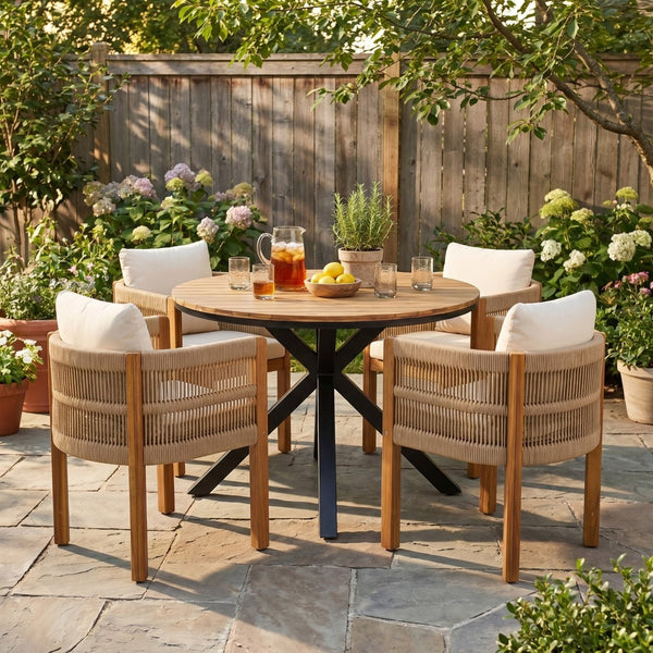 English Elm 5-piece Outdoor Dining Set Acacia Wood Round Table with Rope Wrapped Patio Chairs N779P251402T_N779P279983B-2