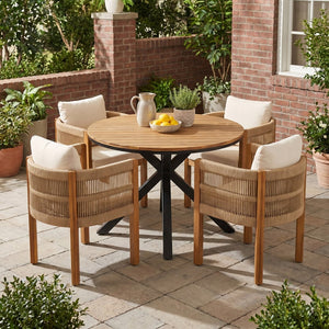 English Elm 5-piece Outdoor Dining Set Acacia Wood Round Table with Rope Wrapped Patio Chairs N779P251402T_N779P279983B-2