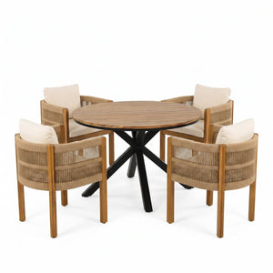 English Elm 5-piece Outdoor Dining Set Acacia Wood Round Table with Rope Wrapped Patio Chairs N779P251402T_N779P279983B-2