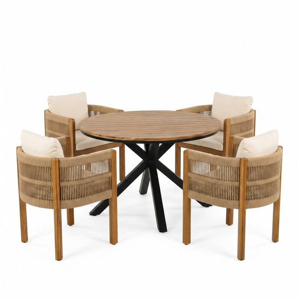 English Elm 5-piece Outdoor Dining Set Acacia Wood Round Table with Rope Wrapped Patio Chairs N779P251402T_N779P279983B-2
