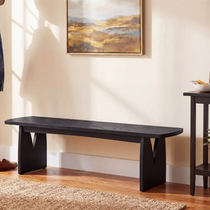 English Elm Black Matte Acacia Dining Bench with V-Cutout Legs for Modern Entryway or Kitchen N779P339702B