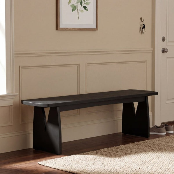 English Elm Black Matte Acacia Dining Bench with V-Cutout Legs for Modern Entryway or Kitchen N779P339702B