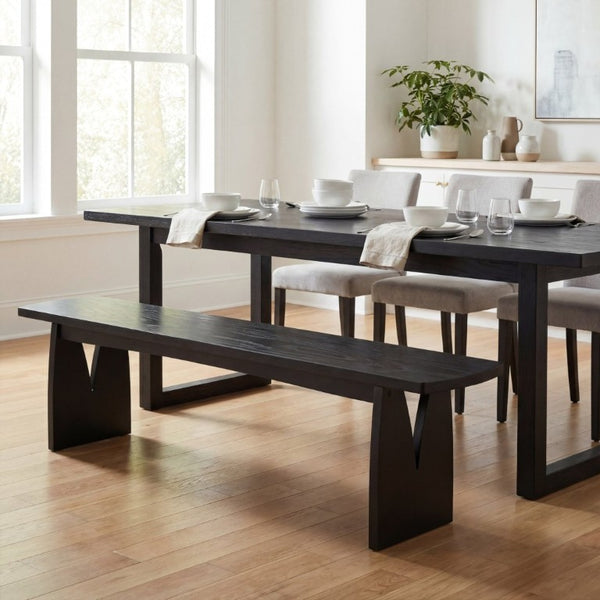 English Elm Black Matte Acacia Dining Bench with V-Cutout Legs for Modern Entryway or Kitchen N779P339702B