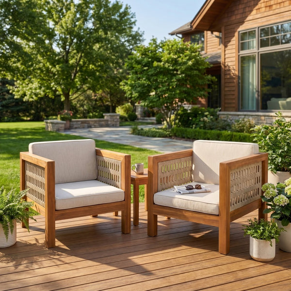 English Elm Outdoor Acacia Wood Club Chairs Set of 2 with Woven Rope Arms and Seat Cushions N779P359687B-2