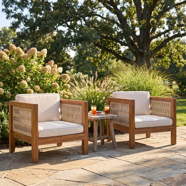 English Elm Outdoor Acacia Wood Club Chairs Set of 2 with Woven Rope Arms and Seat Cushions N779P359687B-2
