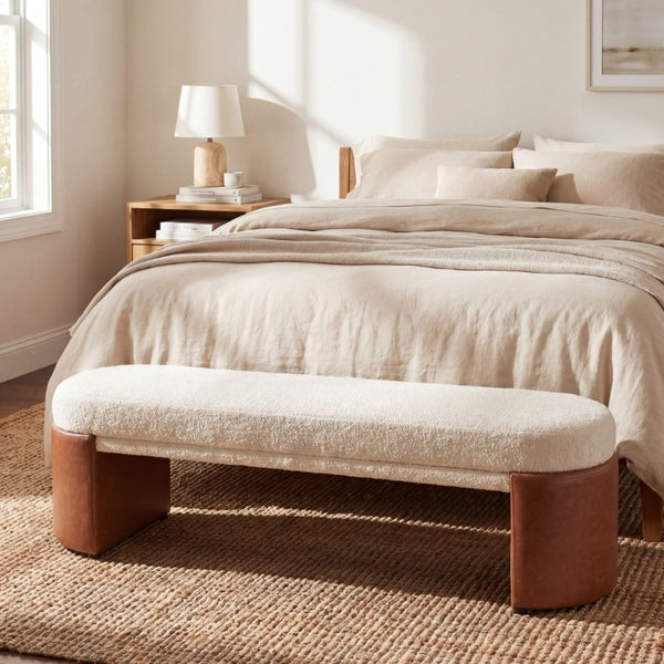 English Elm Beige Boucle Upholstered Dining Bench with Brown PU Block Legs Modern Sculptural Seat N779P367311B