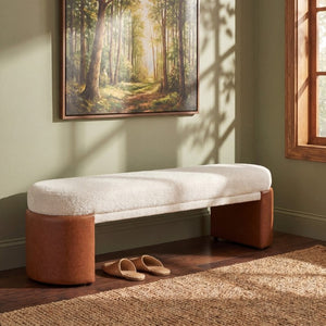 English Elm Beige Boucle Upholstered Dining Bench with Brown PU Block Legs Modern Sculptural Seat N779P367311B
