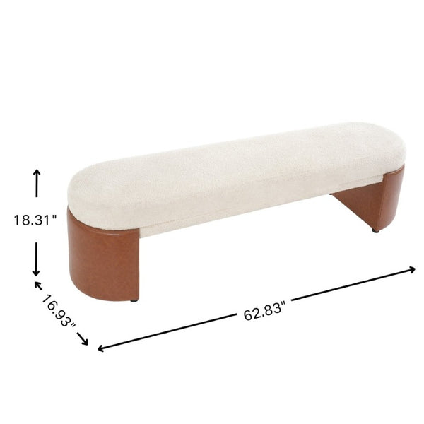 English Elm Beige Boucle Upholstered Dining Bench with Brown PU Block Legs Modern Sculptural Seat N779P367311B