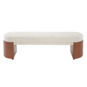 English Elm Beige Boucle Upholstered Dining Bench with Brown PU Block Legs Modern Sculptural Seat N779P367311B