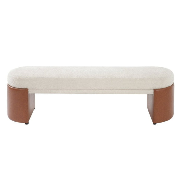 English Elm Beige Boucle Upholstered Dining Bench with Brown PU Block Legs Modern Sculptural Seat N779P367311B