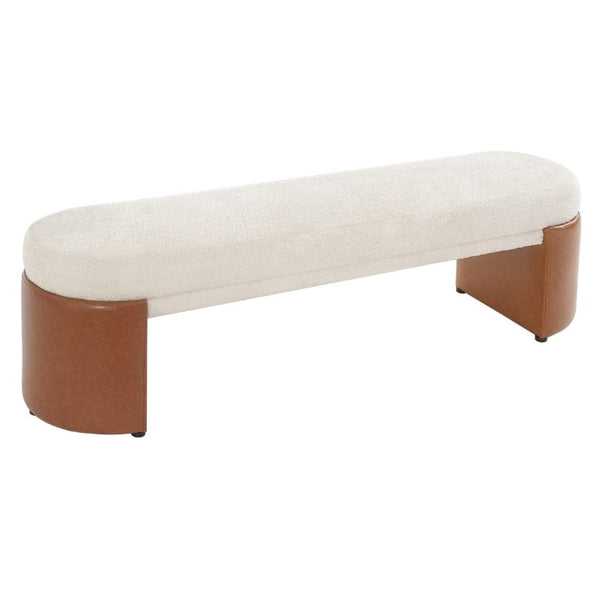 English Elm Beige Boucle Upholstered Dining Bench with Brown PU Block Legs Modern Sculptural Seat N779P367311B
