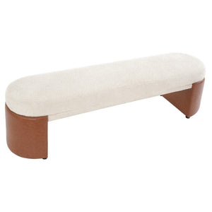 English Elm Beige Boucle Upholstered Dining Bench with Brown PU Block Legs Modern Sculptural Seat N779P367311B