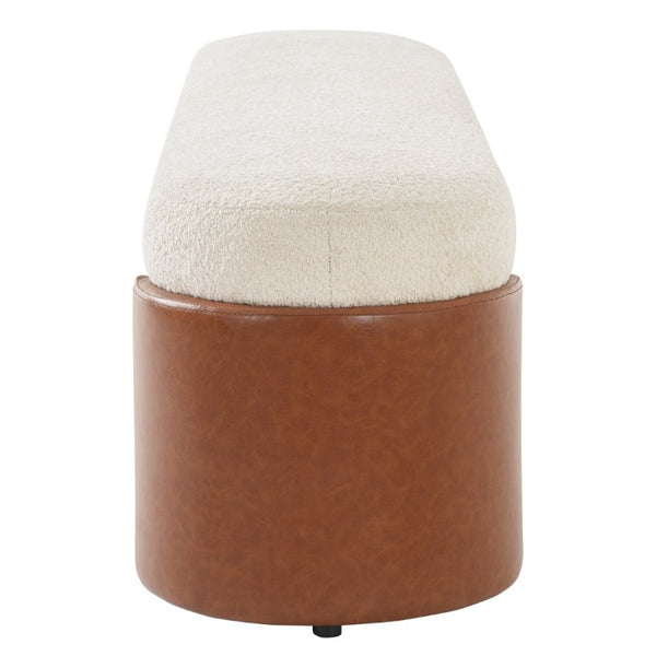 English Elm Beige Boucle Upholstered Dining Bench with Brown PU Block Legs Modern Sculptural Seat N779P367311B