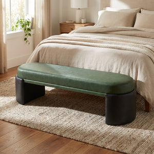English Elm Green Two-Tone PU Upholstered Dining Bench with Rubberwood Frame Mid-Century Modern N779P367311G