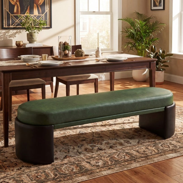 English Elm Green Two-Tone PU Upholstered Dining Bench with Rubberwood Frame Mid-Century Modern N779P367311G