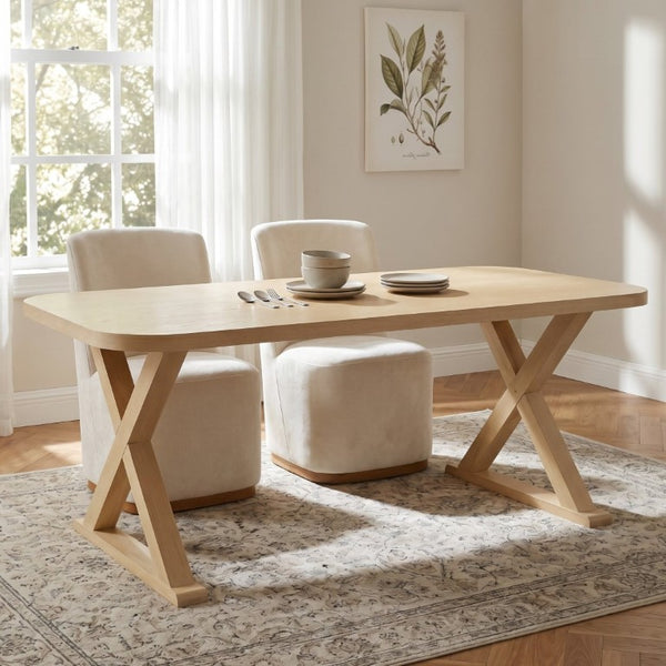 English Elm Natural Oak Veneer Rectangular Dining Table with X Base Rubberwood Legs Seats Six N779P396018T_N779P396012L
