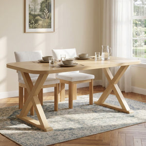 English Elm Natural Oak Veneer Rectangular Dining Table with X Base Rubberwood Legs Seats Six N779P396018T_N779P396012L