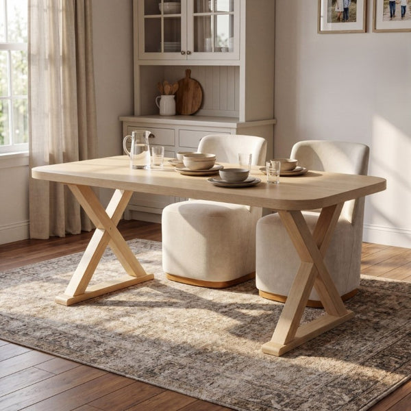 English Elm Natural Oak Veneer Rectangular Dining Table with X Base Rubberwood Legs Seats Six N779P396018T_N779P396012L