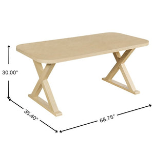 English Elm Natural Oak Veneer Rectangular Dining Table with X Base Rubberwood Legs Seats Six N779P396018T_N779P396012L