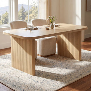 English Elm Natural Oak Veneer Rectangular Dining Table with Fluted Rubberwood Legs Seats Six N779P396018T_N779P396019L