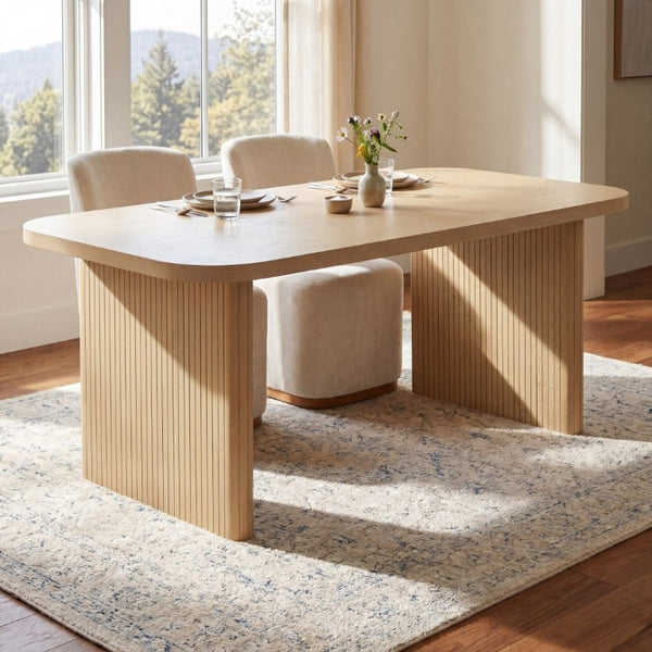 English Elm Natural Oak Veneer Rectangular Dining Table with Fluted Rubberwood Legs Seats Six N779P396018T_N779P396019L