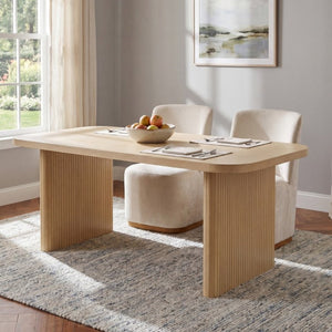 English Elm Natural Oak Veneer Rectangular Dining Table with Fluted Rubberwood Legs Seats Six N779P396018T_N779P396019L