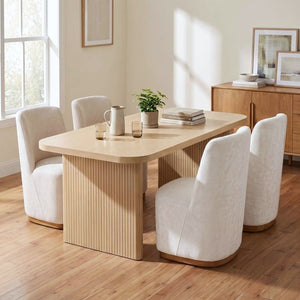 English Elm 5-Piece Oval Dining Set with Sculptural Column Table and Walnut Arm Chairs in Beige 68.75 inches N779P396018T_N779P396019L_N779P370771B-2