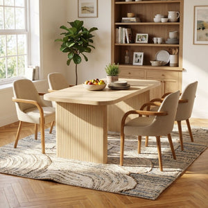 English Elm 5 Piece Oak Veneer Dining Set with Fluted Rubberwood Legs and Khaki Upholstered Chairs N779P396018T_N779P396019L_N779P423792K-2