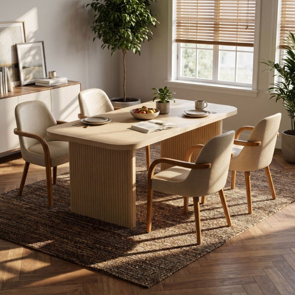 English Elm 5 Piece Oak Veneer Dining Set with Fluted Rubberwood Legs and Khaki Upholstered Chairs N779P396018T_N779P396019L_N779P423792K-2