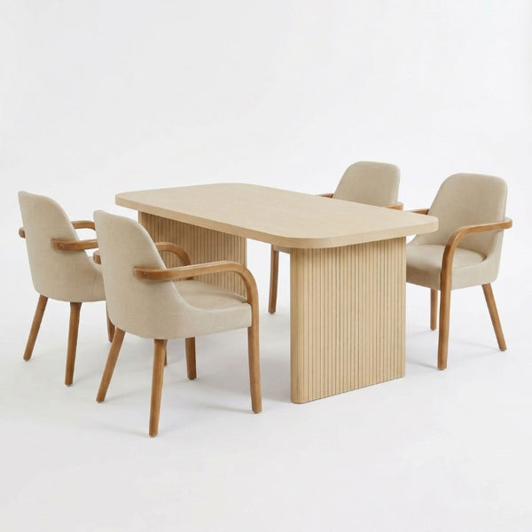 English Elm 5 Piece Oak Veneer Dining Set with Fluted Rubberwood Legs and Khaki Upholstered Chairs N779P396018T_N779P396019L_N779P423792K-2